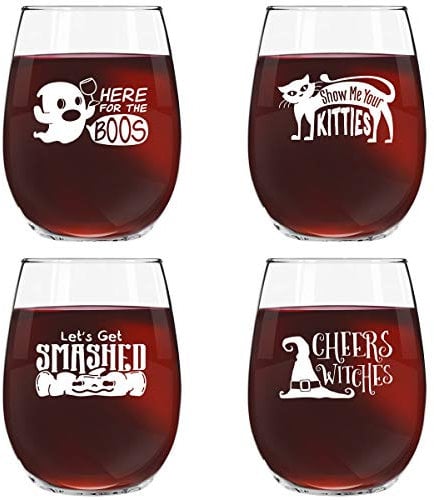 Funny Halloween Wine Glass Set of 4- Novelty Glasses w/Cute Sayings- 15 oz. Stemless Wine Glasses for Your Halloween Party- Here for the Boos, Show Me Your Kitties, Let’s Get Smashed, Cheers Witches