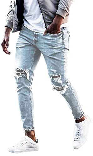 Jeans Uomo Casual Pantaloni Attillati con Gamba Dritta Strappata Skinny Pantaloni Elasticizzati con Cerniera Slim Fit Aderenti di Nuova Moda (L,3- Blu)