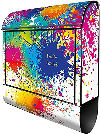 banjado® Design Briefkasten personalisiert Farbspritzer 38,5x46,5x13cm & 2 Schlüssel - Briefkasten Stahl schwarz Zeitungsfach pulverbeschichtet - Postkasten A4 Einwurf inkl. Montagematerial