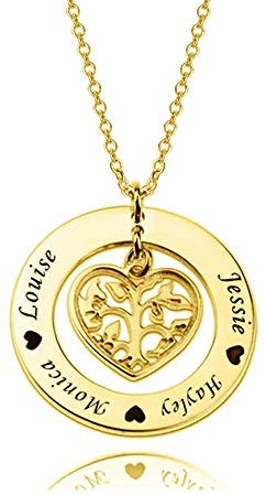 LONAGO 925 Sterling Silver Personalised Tree of Life Necklace Custom Name Heart Shaped Family Tree Pendant Necklace Jewelry (gold-plated-silver)