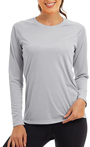 KEFITEVD Sport Shirt Damen UV Shirt Damen Langarm Wandershirt Atmungsaktiv Surfshirt Funktions Langarmshirt Hellgrau L