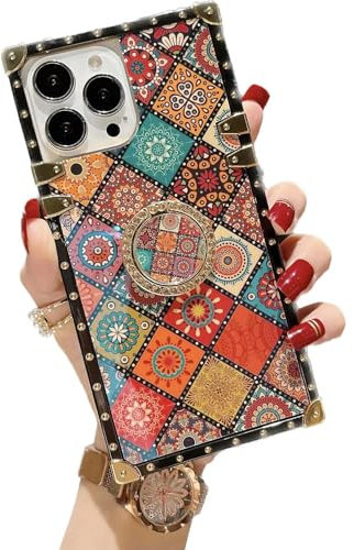 YonMeet Rectangle Retro Blue Ray Phone Case for iPhone 12 Pro Max with Holder Ring Indian Hippie Bohemian Psychedelic Peacock Mandala Protective Shockproof Cover-Pattern2