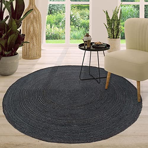 TT Home Jute Teppich Rund Wohnzimmer Esszimmer Boho Modern Handgemacht Mit Umrandung, Farbe:Anthrazit, Größe:120 cm Rund