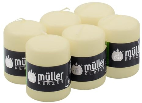 Müller Stumpenkerzen - Set mit 6 Säulenkerzen - Elfenbein - Durchmesser 6 cm, Höhe 8 cm - Brenndauer: 15 Stunden - Tropffrei Wachskerzen, Ohne Duft - RAL Qualität