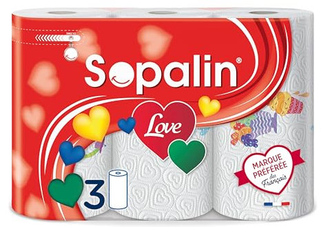 SOPALIN Love – 3 Rouleaux de Essuie-tout cuisine, Décoré, Texture en forme de cœur, Double épaisseur, Blanc