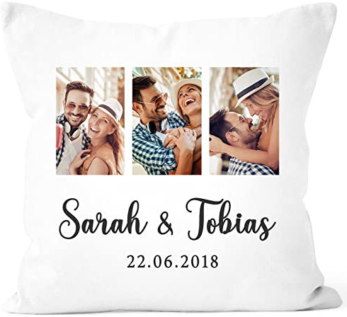 SpecialMe® Fotokissen Kissen-Bezug mit Foto-Collage Bedrucken Lassen Fotogeschenk Liebe Valentinstag Name Datum 2 weiß 40cm x 40cm