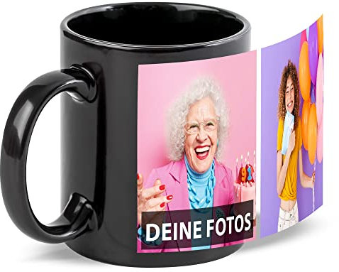 Schwarze Tasse zum selbst gestalten mit Foto-Collage für 2 Wunschfotos - Geschenk für Freunde zum Geburtstag, Weihnachten - Keramik, 300 ml | Personalisiertes Geschenk