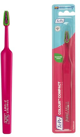 TePe Colour Compact Toothbrush, Extra Soft, Pink, 1pc, soft bristle toothbrush with precise and gentle cleaning, extra soft toothbrush for adults
