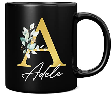 Taza personalizada con letra A floral con inicial con nombre, regalo personalizado, letra impresa con efecto dorado, no metálica, taza de café de cerámica para hombres o mujeres, taza extragrande y