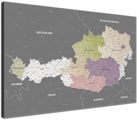 LANA KK - Premium Leinwandbild Österreichkarte - Graphit Grau - Deutsch - in 120 x 80 cm, stabile Rückwand zum Pinnen inkl. Starterkit - Leinwand-Kunstdruck Wandbild Landkarte XXL