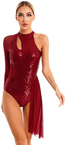Runhomal Damen Glitzer Gymnastikbody Turnbody Pailletten Eiskunstlauf Kleid Tanzkleider Ballettkleid Mesh Langarm Trikot Leotard Gymnastikanzug Ballettkleidung Burgundy XXL