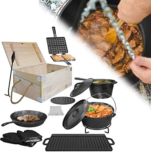 LARS360 Juego de 11 piezas de madera para horno holandés, sartén de hierro fundido, olla con cacerola, plancha para parrilla, sartén elevadora, guantes