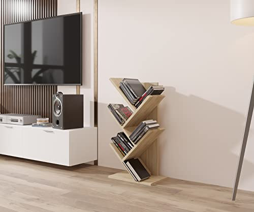 ComfortCove Baum Bücherregal, Tree Desktop Bücherregal, Schreibtisch Bücherregal, Bodenstehendes Bücherregal, Lagerregal für Wohnzimmer, Heimbüro, Schlafzimmer oder Küche, 5 Regale, Sonoma