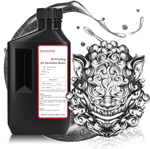 RepRapper Silber Glanz Metallic 3D Drucker Resin, 405nm Schnelle UV-Aushärtung Standard Resin, 3D Druck Resin mit magischem Metalleffekt für LCD DLP 3D Drucker, Metallische Silber 1KG