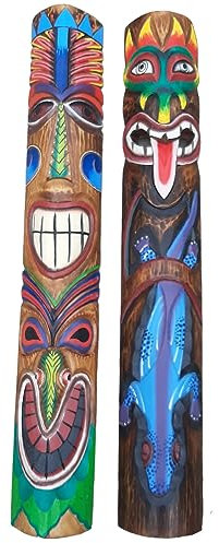 2 bunte Tiki Holzmasken 100cm im Hawaii Style 2er Set Holzmaske Wandmaske Tiki 2 Designs Gecko Motiv