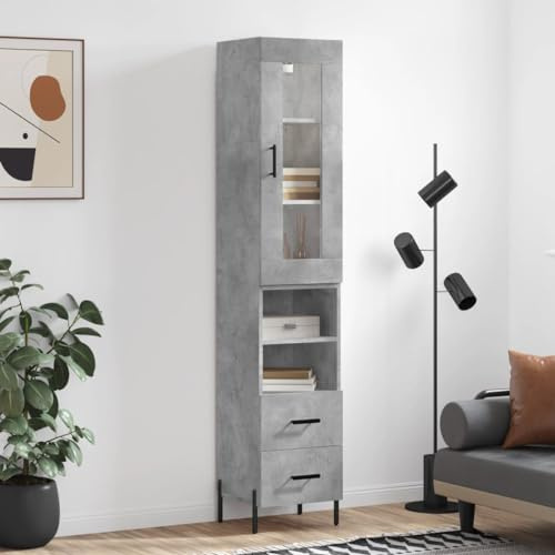 Gecheer Credenza,Armadietto,a Colonna,Ingresso,con Vetrina,con 2 Cassetti e 5 Scomparti,in Multistrato,Grigio Cemento,34,5x34x180 cm,Mobiletto a Colonna Salvaspazio,Credenza con Vetrina,Modello E