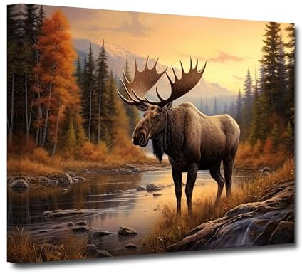 CXHOSTENT Elch Leinwand Wandbilder Wildtier Elch Hirsch Leinwandbild Hirsch im Herbst Waldlandschaftsbilder Tier Elch Kunstdrucke Wanddekoration (B, 50.00 x 75.00 cms)