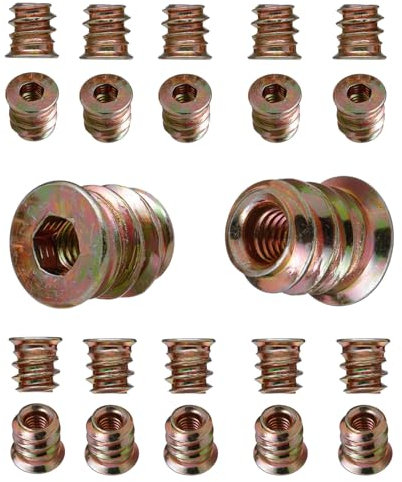 YoiYee Heavy Duty Wood Furniture M4 x 10mm Threaded Insert Nuts Interface Hex Socket Drive Zinc Yellow Passivated - 22pcs