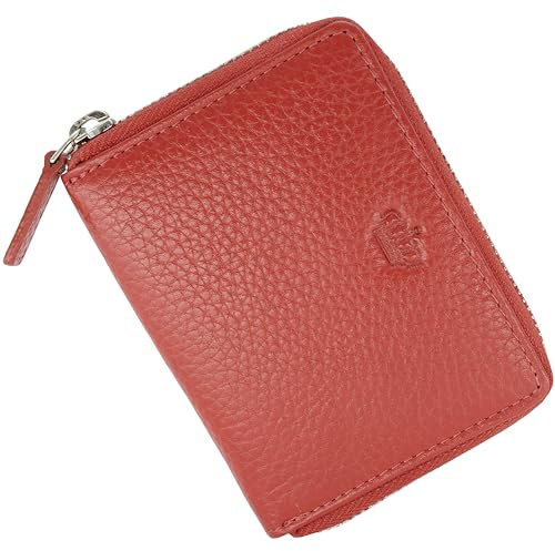 Baur Damen Geldbörse Echt Leder Geldtasche | Mini-Geldbeutel mit RFID Schutz | kleines Portemonnaie mit 6 Kartenfächer | Schein- & Münzfach | Wallet mit Rundumreißverschluss (Rot)
