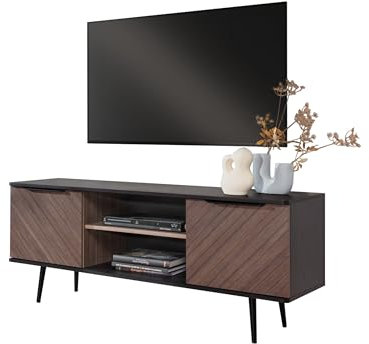Mirjan24 TV Schrank Pilksis PE04, Griffe und Füße aus Metall, gedämpftem Schließsystem, 2 Türen, 2 Ablagefächer Fernsehschrank, Fernsehtisch, TV Lowboard (Schwarzer Graphit/Captains Deck)