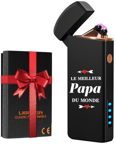 Cadeau Papa Cadeau Fete des Peres, Coquimbo Briquet Electrique Rechargeable Double Arc avec USB Câble, Longue Durée Coupe-Vent Briquet pour Bougie, Barbecue, Cadeau Anniversaire/Noël Papa