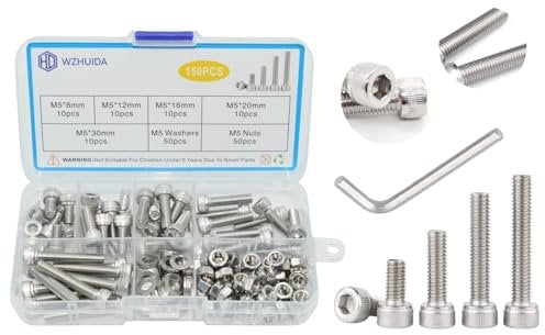 WZHUIDA 150 Stück M5 Schrauben Set, Zylinderschrauben mit Muttern und Unterlegscheiben Sortiment Kit, Edelstahl Innensechskant Schrauben Set, Sechskopfschrauben Muttern mit Schraubenschlüssel