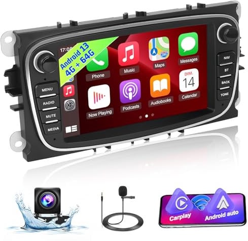 [4+64G] Android 13 Autoradio für Ford Focus C-Max S-Max Mondeo Kuga Galaxy mit Drahtlos Carplay & Android Auto - 7 Zoll IPS Touchscreen Autoradio mit WiFi, GPS, AI DSP, FM/RDS Radio + Rückfahrkamera
