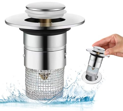 Universal Waschbeckenstöpsel,Pop-Up Abflussstopfen Mit Sieb,Edelstahl Stöpsel Waschbecken Sieb,Abflusssieb,Badewannenstopsel Mit Haarsieb,Für 34-40mm Drain Abfluss Ablaufventil Spülbecken (6cm Tiefe)