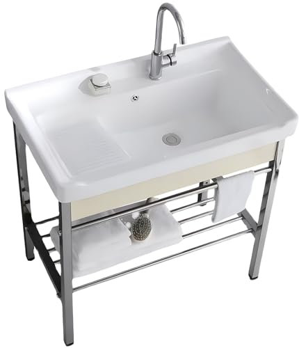 MJMLUCK Freistehendes Spülbecken aus Keramik, Waschbecken aus Edelstahl mit Metallständer, Aufbewahrungsregal für Waschküche, Keller, Garage (90 cm, weiß), 3962671