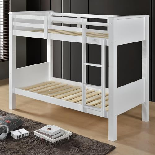Reinforced Beds, LANGHAM BUNK BED, Wooden Bunk Bed, Rubberwood, Solid Wooden Slats, Modern Bunk Bed Design (White)