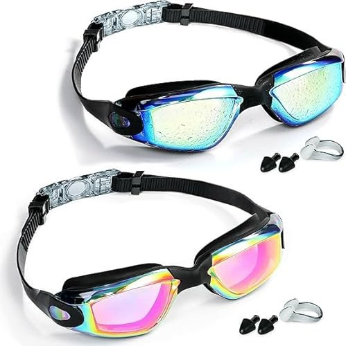 MUETKNYE Swim Goggles 2 Pack Swimming Goggles Anti Fog No Leaking For Adult Women Men Youth (Aqua&Bright Rose)