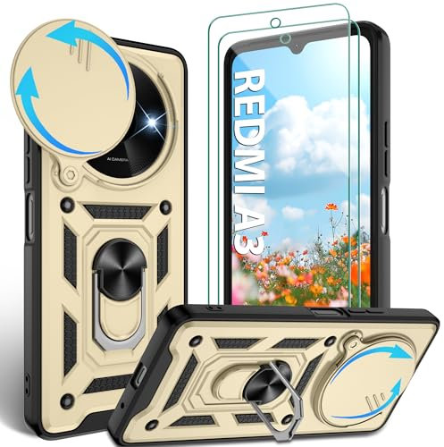 Jshru for Redmi A3 Phone Case with Screen Protector | Camera Protection Cover | Military Grade Shockproof Cover Fit Redmi a3 | Ring Kickstand Case for Xiaomi Redmi A3,Gold