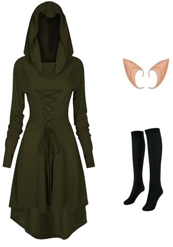 MVFEUIJ Abito gotico da donna medievale, stile retrò, con cappuccio, da donna, calze e orecchini, abito rinascimentale per Halloween