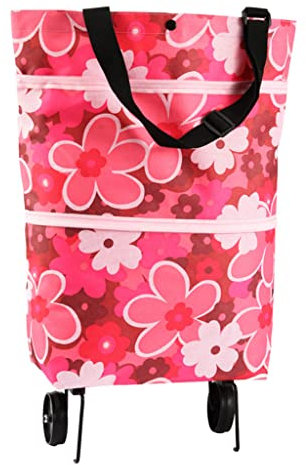 Faltbare Einkaufstasche mit Rädern, 2 In 1 Faltbare Einkaufswagen Wiederverwendbare Einkaufstaschen für Zuhause, Supermarkt, hohe Tragkraft(Color:Rosa Blumen)