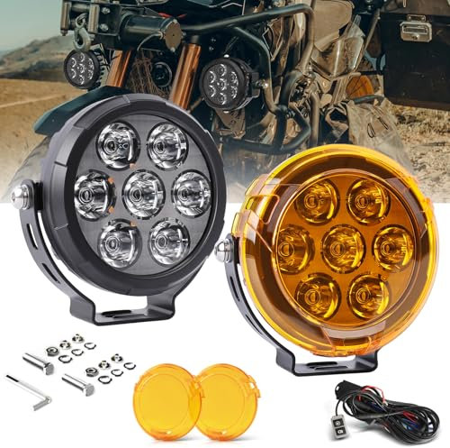 BraveWAY 4.5 Pouces Feux Additionnels Moto Phare LED Auxiliaire Antibrouillard 140W 15530LM Feux de Route Motos 7 Modes Stroboscopiques Avec Couvercle Ambré Faisceau de Câbles et 2 Supports de Montage
