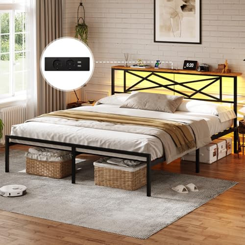 DICTAC LED Lit 180x200cm avec tête LED et 2 Ports USB et Prise de Courant, Cadre de lit 2 Personnes en Métal, Lits Double en métal, 32cm Espace de Rangement sous Le lit, Marron Vintage+Noir