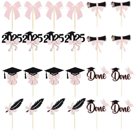 24stk Cupcake Topper zum Schulabschluss 2025, Glitzer-Cupcake-Spieße mit Abschlusskappe und Diplom 6 Stile Tortendekoration zum Schulabschluss Foto-Requisiten Partyzubehör (Bunt Pink/Schwarz)