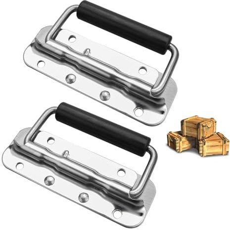 TRACOMPAN Box Handles 2Pcs Stainless Steel Heavy Duty Box/Drawer/Door Handles for Toolbox, Luggage, Storage Box Replacement Hardware | Spring Folding Chest Handle (122x41mm)