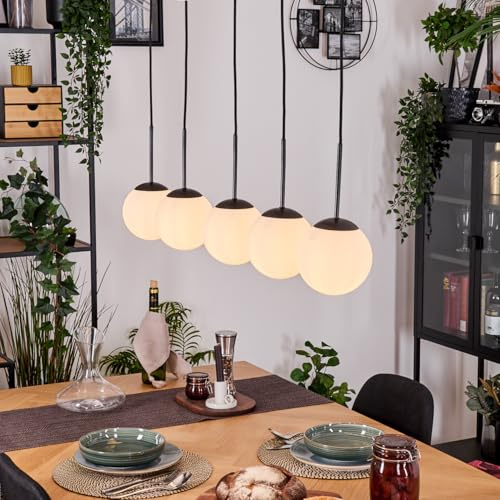 HOFSTEIN Hängeleuchte Gastor, 5-flammige Hängelampe aus Metall/Milchglas in Schwarz/Weiß, moderne Pendelleuchte im Retro/Vintage-Design (Schirme 15 cm), E14, Esszimmer, Küche, Wohnzimmer