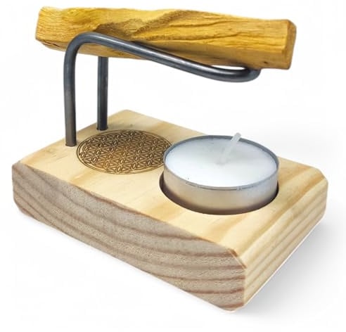 Quemador Artesanal en Madera Flor de la Vida para Palo Santo e Incienso | con Base para Vela de Té | Relajación, Aromaterapia y Meditación | Incluye Palo Santo y Velita
