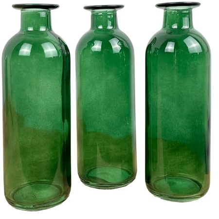 Set of 3 Green Coloured Glass 16cm Tall Vintage Style Bottle Bud/Posy Vases Home Decorations