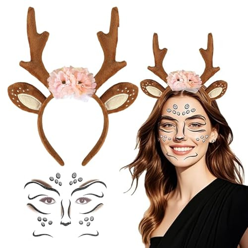 YARUJING Haarreif Reh Geweih Hörner Rehohren Geweih Haarreif & Reh Tattoo Gesicht Re hhaarreif Re hohren Rentier Ge weih Ha arreifen Rentier Ge weih Ha arreif Und Blüten Für Karneval Fasching Cosplay
