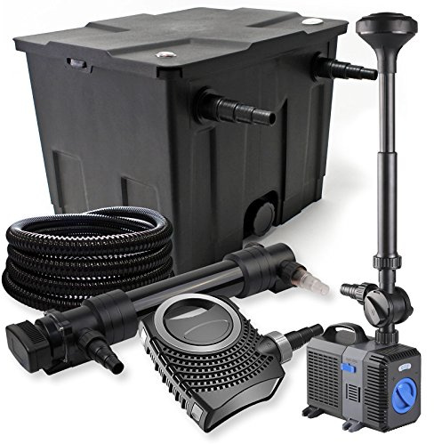 SunSun Komplettset: CBF-350 Teichfilter bis 12000 L Teichfilteranlage, NEO10000 Teichpumpe 10000l/h 80W, CUV-636 Teichklärer 36W, 25m Teichschlauch 25 mm, CTP-5003 Springbrunnen 5000l/h 30W