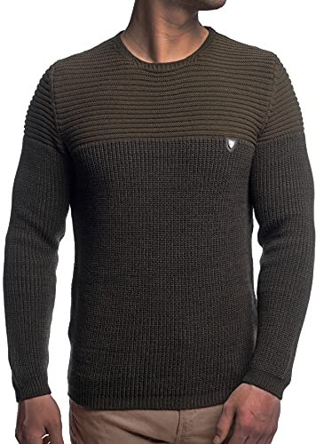Herren Strick-Pullover Rundhals Mit Logopatch | Winter-Pullover | Stylischer Pulli | Warmer Grobstrick | Basic Longsleeve Sweatshirt Sweater K-114 Khaki M