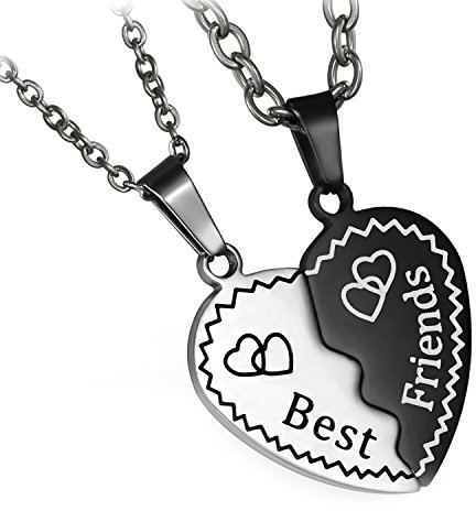Flongo BFF kette für 2 Herz freundschaftskette beste freunde geschenke Edelstahl Halskette Herz Puzzle schwarz silber mit Gravur best friends günstig Geschenk für Freundin Tochter Mädchen
