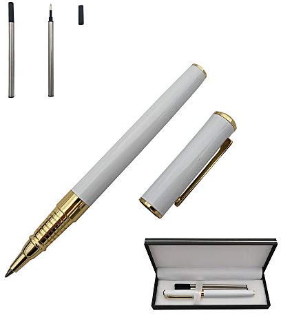Accod Metal Signature Pen Writing Smooth Black Ink Ballpoint Pen Business Gift Pen with Two 0.5mm Refills Gift Box for Women or Man (White)