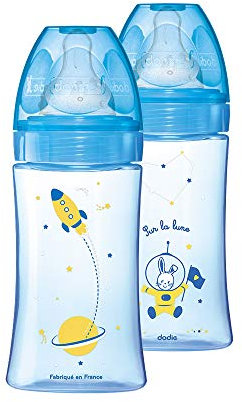 Dodie - Lot De 2 Biberons Anti-Coliques Initiation+, Bleu Cosmonaute, 270ml, 0-6 mois, Tétine Ronde, Débit 2
