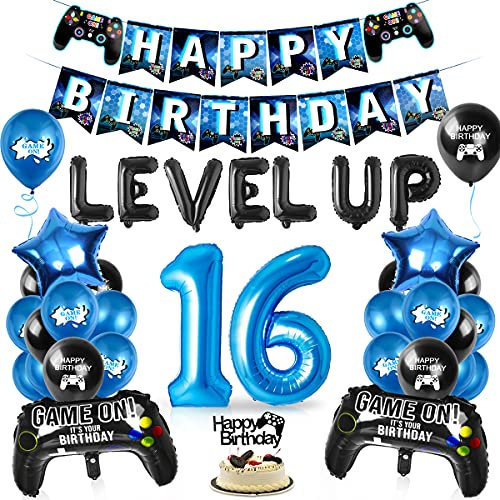 Videospiel Luftballon 16. Geburtstag Blau, 16 Jahre Junge Spiel, Ballons Blau Schwarz, Zahl 16 Folienballon, für Kinder Junge Party Dekoration