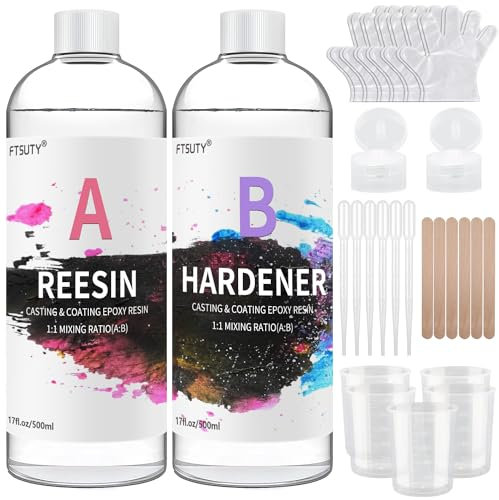 FTSUTY Epoxy Resin Kit - 1000ml /34oz Crystal Clear Epoxy Resin for Casting - 1:1 Ratio Crystal Clear Resin Coating with Sticks, Graduated Cups and Gloves