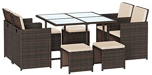 SONGMICS Garden Furniture Set Dining Table and Chairs, Set of 9 PE Rattan Outdoor Patio Furniture, Dining Furniture, Glass Top Coffee Table, with Cushions, Space-Saving, Brown and Beige GGF091K02